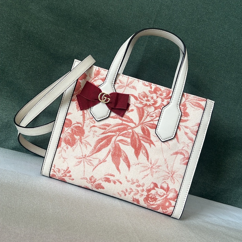 Gucci GG Ribbon Herbarium Canvas Leather Satchel Crossbody